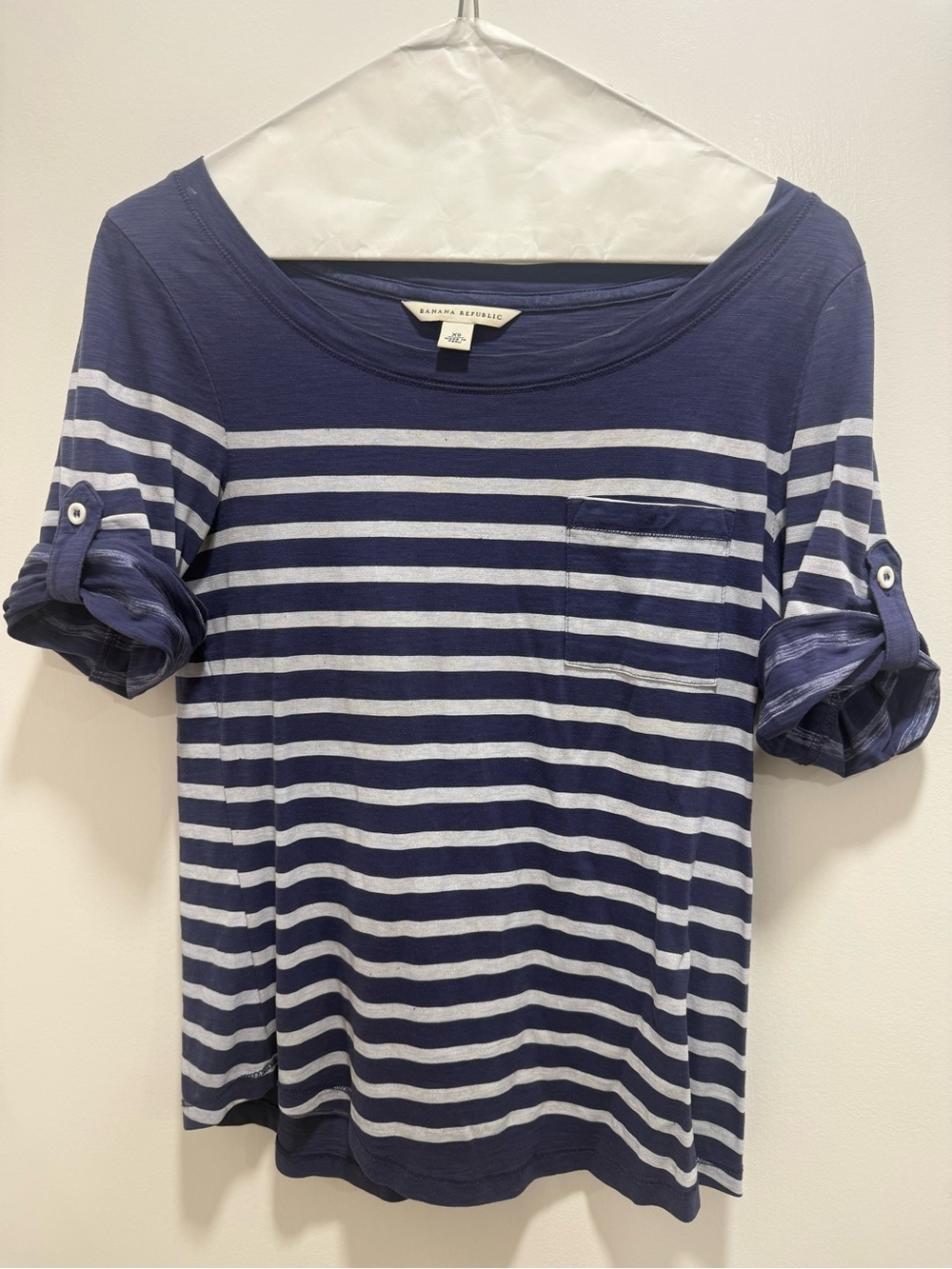 Banana Republic Navy & White Striped Women's Boatneck Tee